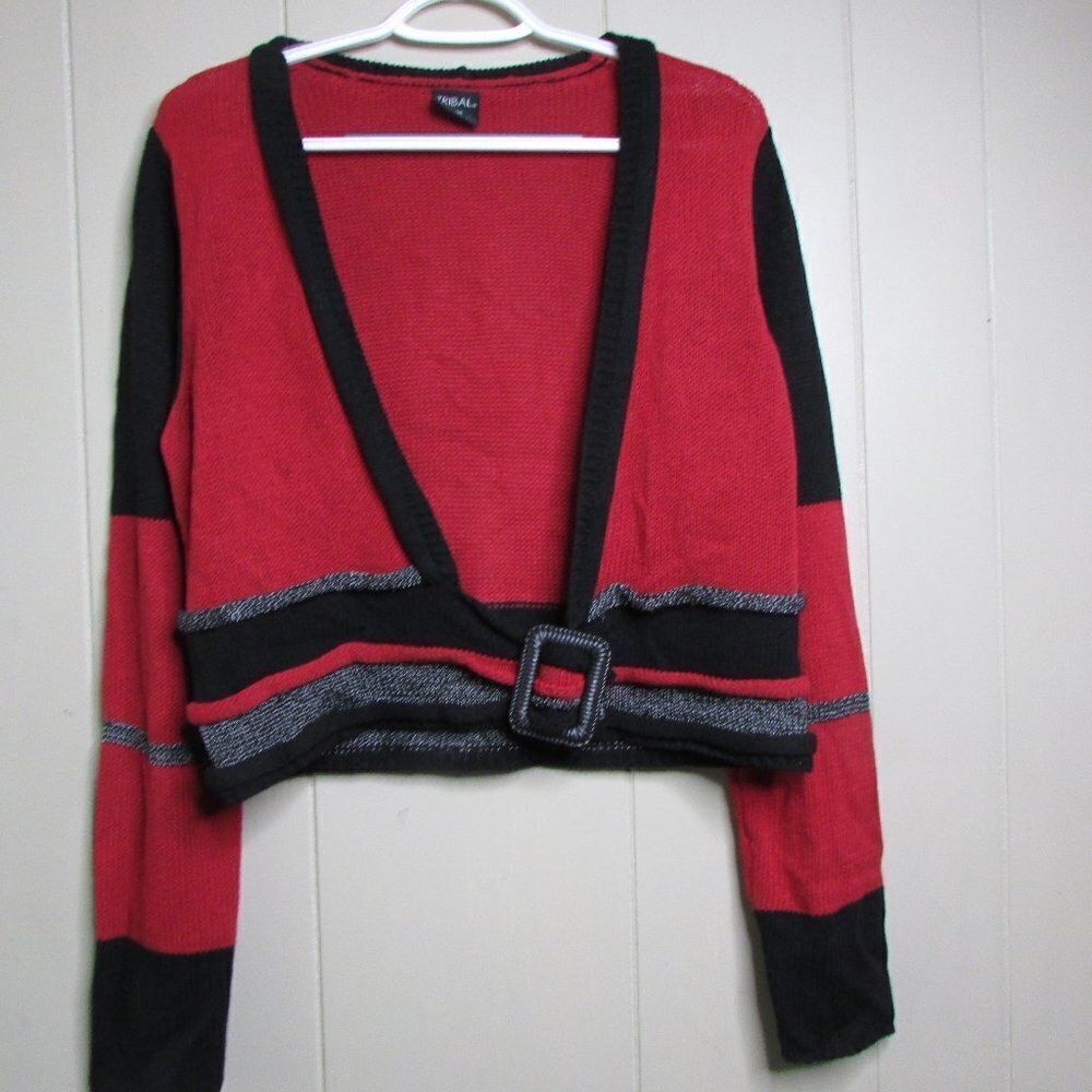 Tribal Cropped Sweater Cardigan M Open Front Red Black Long Sleeve